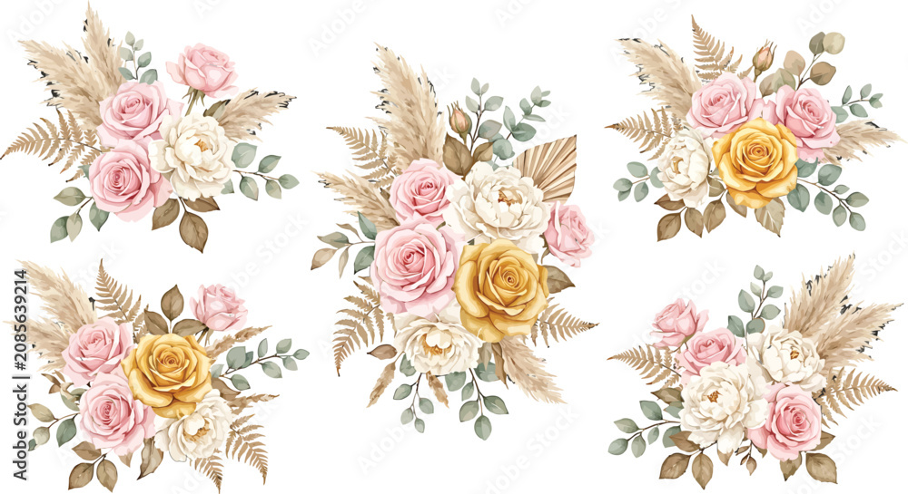 Fototapeta premium Watercolor floral bouquet collection with pink and yellow roses pampas grass and dried foliage for wedding design