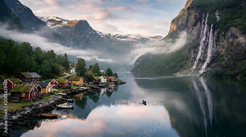 A serene village nestled between majestic mountains and a tranquil lake with waterfalls