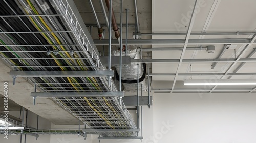 overhead electrical cable tray supporting organized utility wiring network inside modern commercial and residential building infrastructure