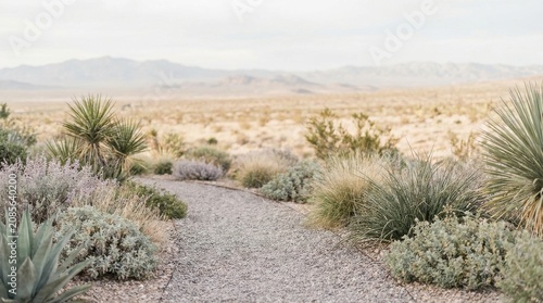Elegant desert garden design with gravel pathway and xeriscape vegetation in arid landscape