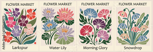 Colorful floral designs celebrate monthly blooms. Vibrant blossoms grace retro marketplace banners. Each floral motif links to a birth month. Crisp lines and bold hues suit vintage design