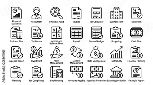 Business accounting and finance icons set featuring financial statement accountant audit invoice tax return budgeting cash flow expense report and planning tools.