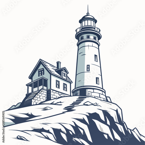 Schilderij op canvas A tall, cylindrical lighthouse attached to a small house, situated on a rocky, s