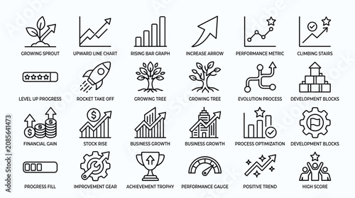 Business growth and development icon set illustrating success metrics performance trends achievement markers and strategic optimization for professional presentations.