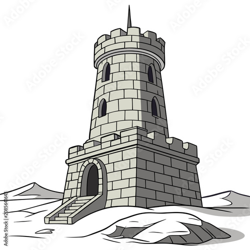 Medieval stone tower with a pointed roof and arched entrance standing on a snowy landscape in a clean style