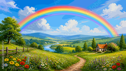 Quadro su tela Vibrant landscape with a colorful rainbow arching over rolling green hills, a winding river, a quaint cottage, and a path through a field of wildflowers under a blue sky
