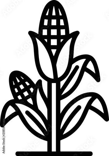 Quadro su tela Stylized corn stalk with two ears of corn, simple outline illustration on white background