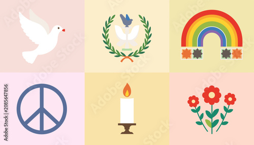 Bild auf Leinwand A collection of six distinct icons representing peace, hope, and unity, including a dove, a rainbow, a peace sign, a candle, and flowers