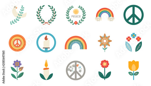 Fotografie A collection of flat design icons representing peace, love, and nature, including peace signs, rainbows, doves, candles, and floral motifs