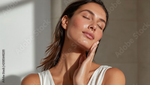 Woman performing morning skincare routine with a serene expression