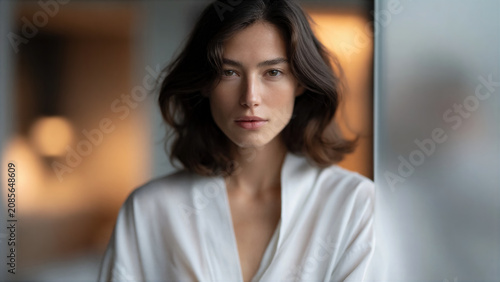 Woman in a white robe during a morning ritual