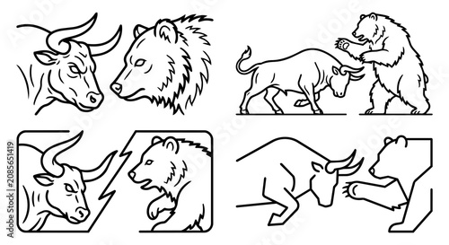 Bull and bear market line icon set. Stock market trend financial competition concept, minimalist strong bull and bear vector illustration.