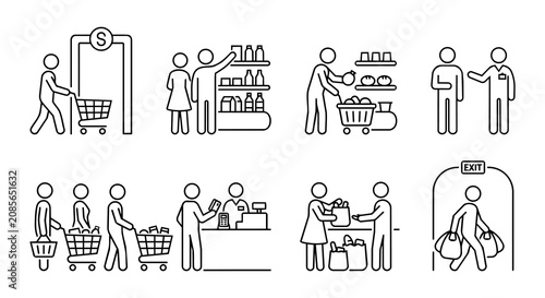 Supermarket shopping stick figure vector icon set. People buying groceries, standing in queue and paying at cashier counter line art.
