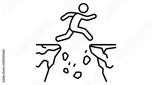 Jumping over cliff gap and overcoming challenge concept, stick figure brave breakthrough vector illustration