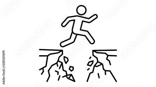 Jumping over cliff gap and overcoming challenge concept, stick figure brave breakthrough vector illustration
