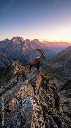 Alpine ibex herd on a rocky mountain peak at sunset