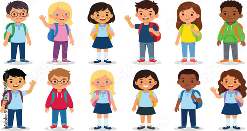 Canvastavla Diverse group of elementary school children character collection carrying backpa
