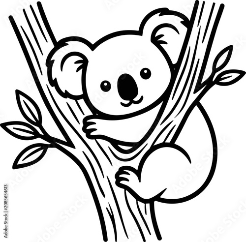 Photography Cute Koala Bear Cartoon Hanging on Tree Branch with Leaves, Vector Illustration