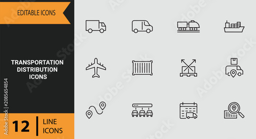 Freight Transportation Distribution Logistics Outline Icon Set For Cargo Delivery Fleet Management