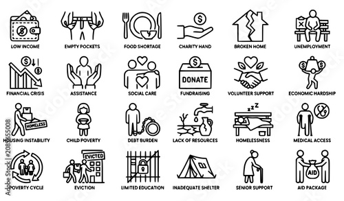 Minimal Poverty Outline Icons Social Support Pixel Perfect Vector Set