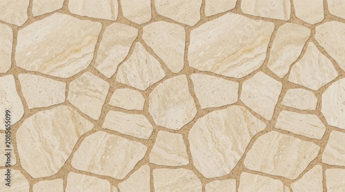 Seamless beige flagstone pavement texture background. Irregular stone masonry wall or floor pattern with sand joints.