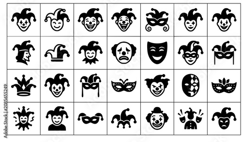 Billede på lærred Minimal Joker Face Glyph Icons Black Jester Vector Set