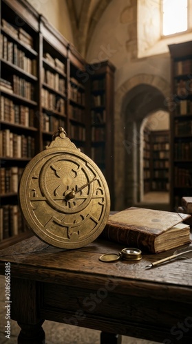 Antique astrolabe and old books on a wooden desk in a library