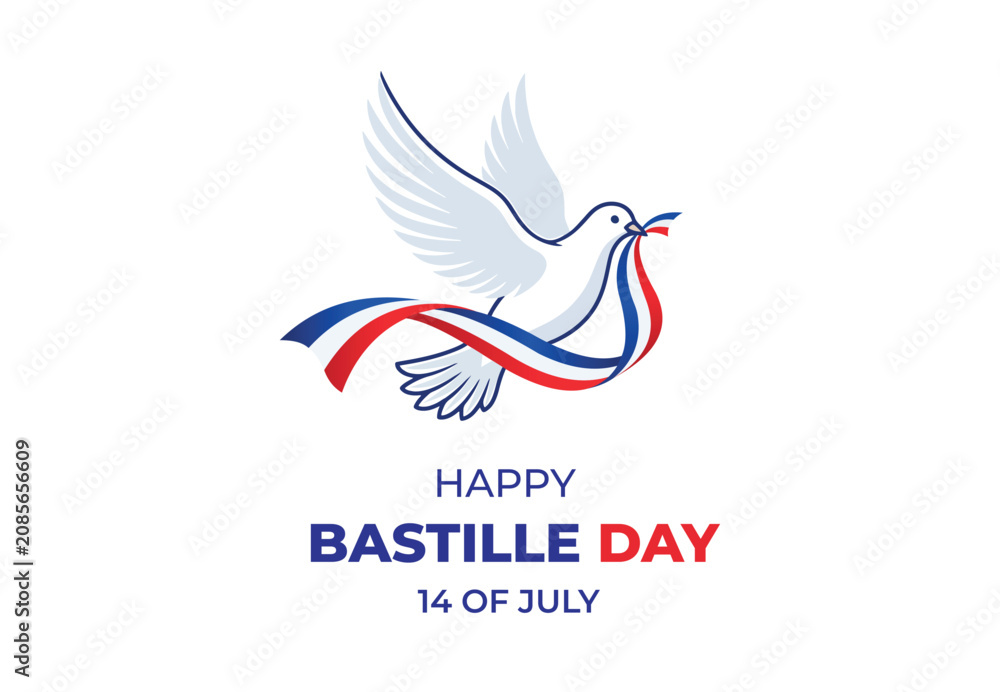 Obraz premium White dove flying with a tri-color ribbon for happy bastille day celebration
