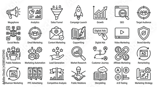 Photos Marketing and advertising icons including megaphone analytics sales funnel campaign launch growth SEO target audience social media email marketing