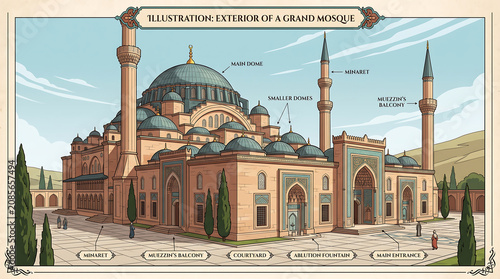 Detailed architectural illustration of a grand modern mosque with domes and tall minarets