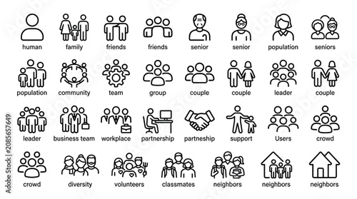People and social group icons representing community diversity friends families business teams partnership and various social interactions for user interface design.