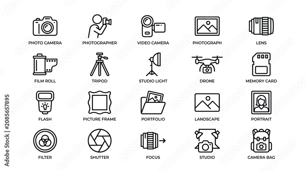 Fototapeta premium Photography and camera line icon set including photographer photo camera video camera photograph lens film roll tripod studio light drone and memory card symbols.