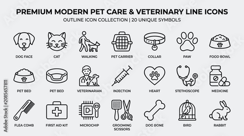 Pet care and veterinary line icons set illustrating animal health services including grooming equipment dog medical treatment and pet accessories for clinics.