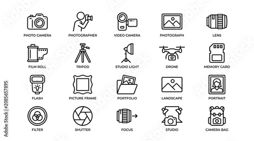 Canvastavla Photography and camera line icon set including photographer photo camera video camera photograph lens film roll tripod studio light drone and memory card symbols