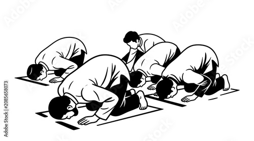 Muslim men performing sujud prayer during salat hand drawn line art illustration