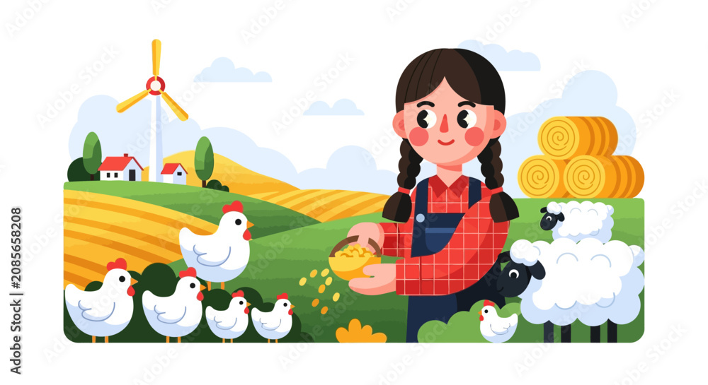 Fototapeta premium A cheerful young girl in overalls and a plaid shirt feeding a flock of chickens on a vibrant farm with sheep, hay bales, a farmhouse, and a wind turbine.