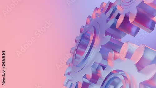 Close up of interlocking gears rotating in a futuristic mechanical system with purple and pink lighting