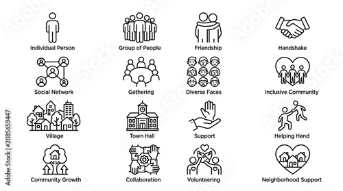 Set of community and social icons, individual person, group of people, friendship, handshake, social network, gathering, diverse faces.