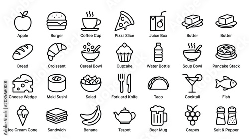 Set of minimalist food and beverage line icons for restaurant menu design web interface or cooking app development showing diverse meal options and kitchenware.