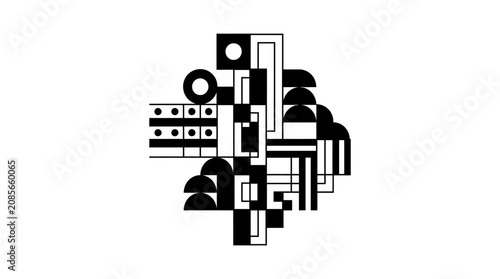 Vertical black and white structural geometric art.