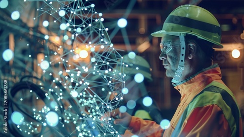 Two workers in safety gear analyze a glowing digital network overlaid on an industrial setting