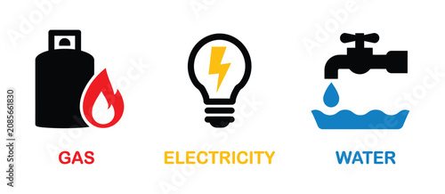 Utility supply icon set with gas, water and electricity service symbols, modern vector illustration for infrastructure development, public utility networks, energy distribution systems, municipal 