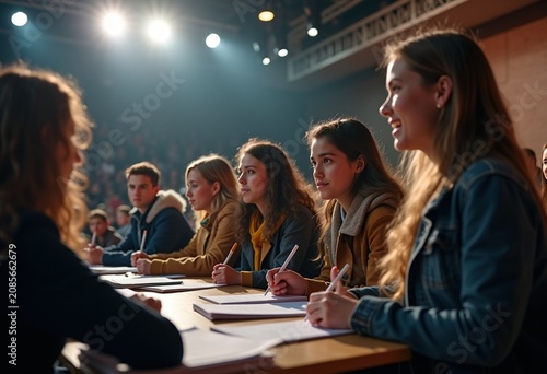 Dynamic Debate Team Finals Competition Excitement Brainstorming Skill Showcase Among Students and Bright Lights