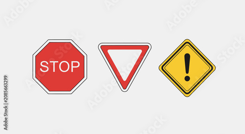 Konstfotografi Set of three common road traffic signs including stop yield and warning symbols