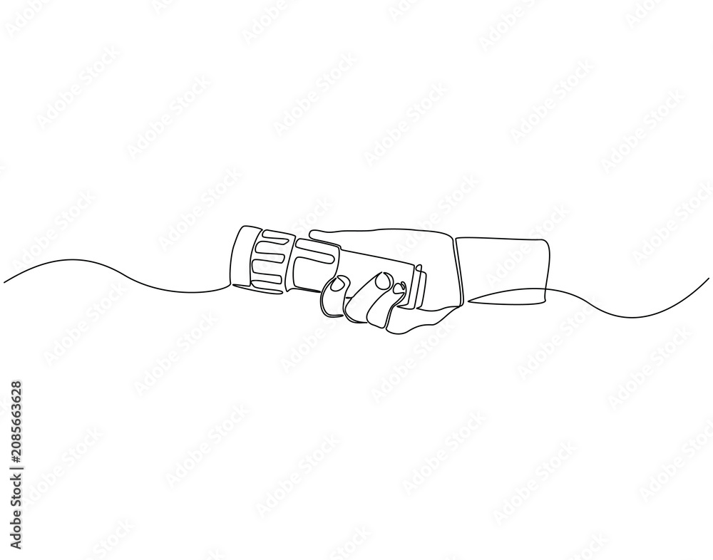 Obraz premium Continuous line drawing of hand holding a flashlight. Single line illustration of hand hold flashlight. Portable equipment concept. Editable outline