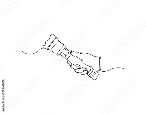 Schilderij op canvas Continuous line drawing of hand holding a flashlight