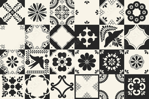 Set of traditional mexican talavera tile patterns. Ceramic art from Puebla. Mediterranean geometric ornament with flowers, leaves, swirls, bird motifs. Vector background.