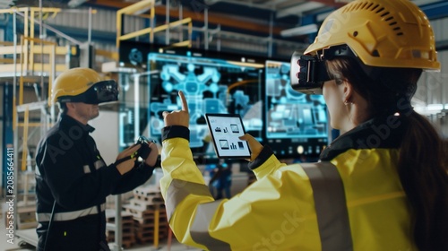 Two workers use augmented reality in a factory, one pointing at a display, one using a controller
