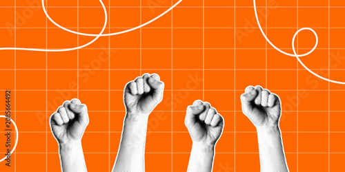 Vector halftone collage banner with four raised protest fist on orange grid background. Contemporary halftone collage pop cutout activism sticker design symbolizing power and solidarity.