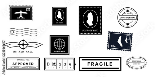 Canvastavla Monochrome Postal Stamp Icon Pack – Classic Mail, Postmark and Postage Vector Se
